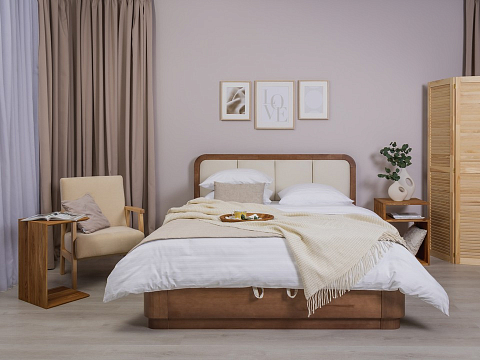 Кровать Hemwood с подъемным механизмом - Кровать из натурального массива сосны с мягким изголовьем и бельевым ящиком